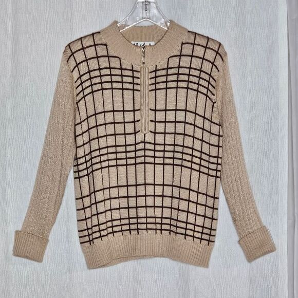 Talk of the Walk Atlantic City 80s Quarter Zip Camel Brown Plaid Knit Sweater - Picture 1 of 12